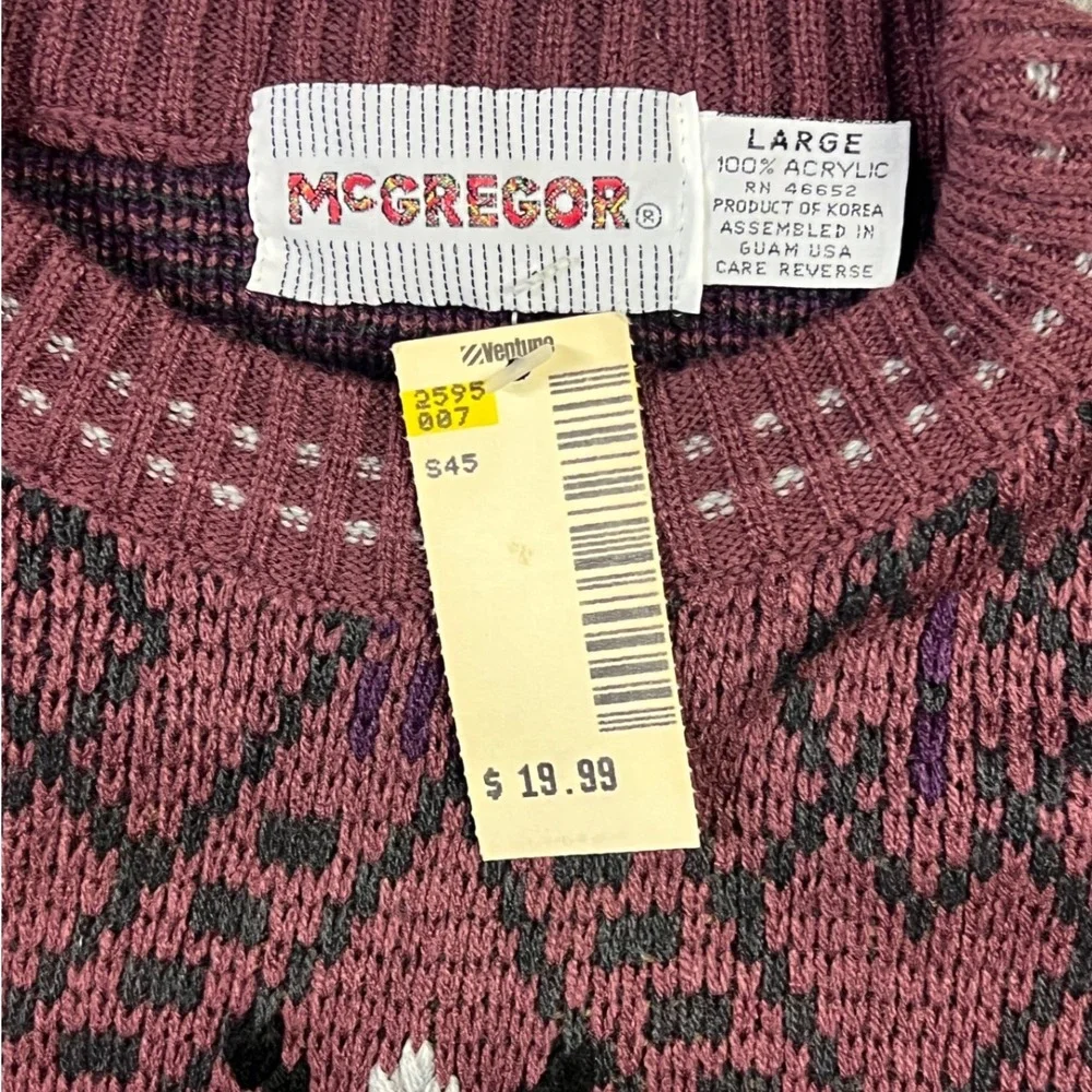 Vintage McGregor Sweater Mens L Burgundy Geometric Diamond Grandpa 80s 90s New